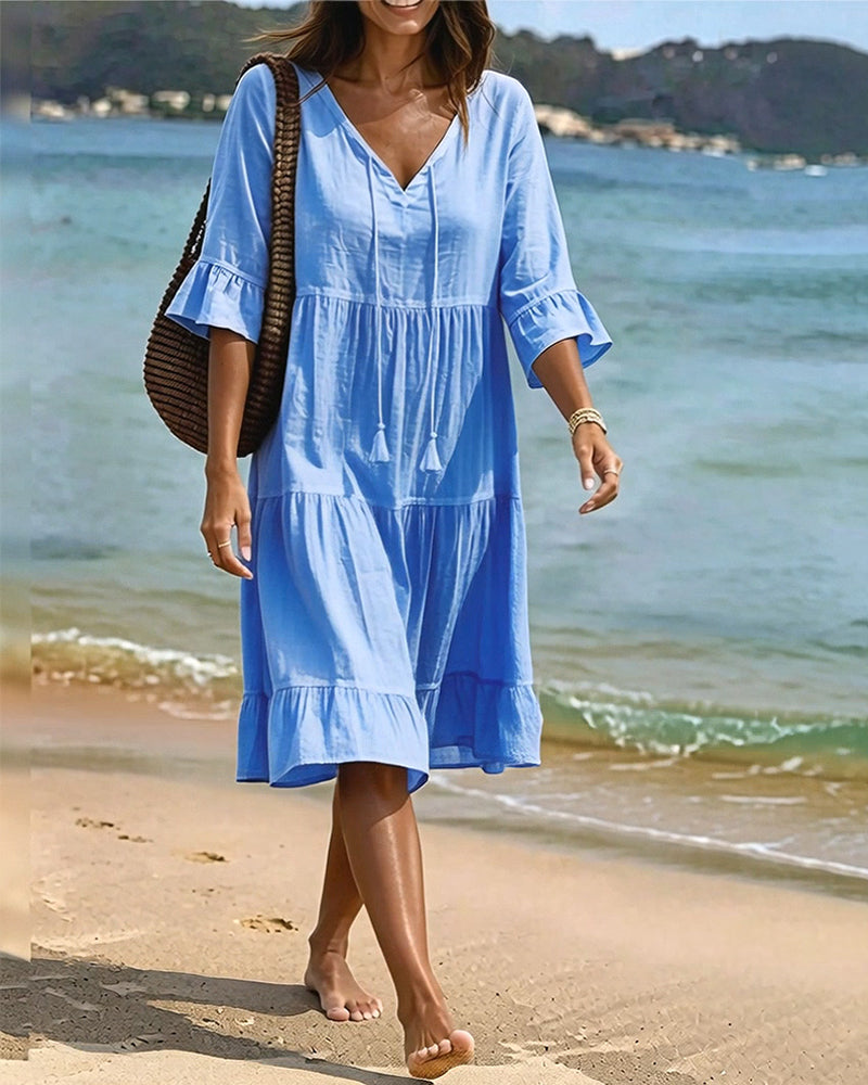 Flared Dress with Half Sleeves and Waist Tie