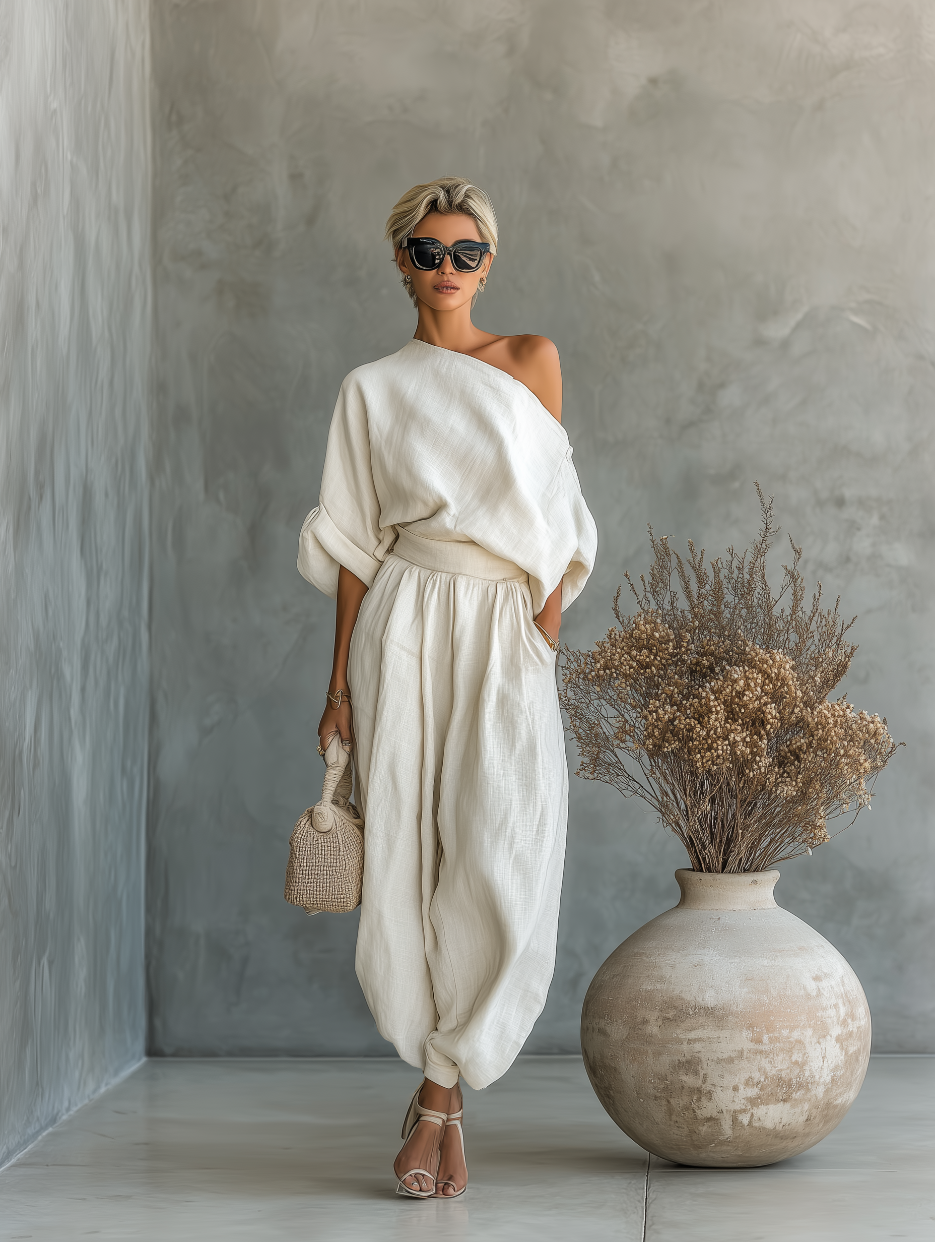 Ava | Linen Off-Shoulder Top & Tapered Pants Set