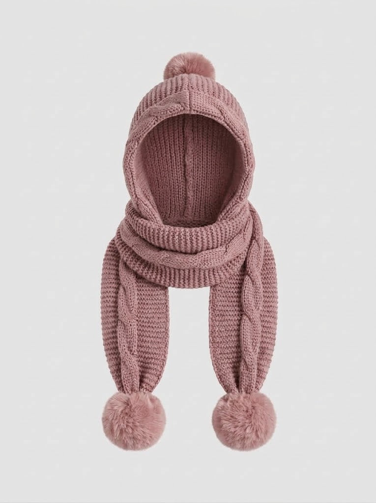 Women’s Knitted Hooded Scarf – Chunky Winter Wrap with Oversized Pom-Pom Ties