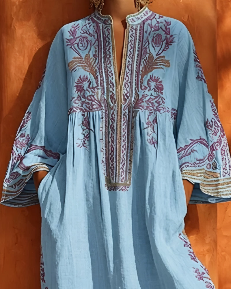 Ethnic Print V-Neck Dress Loose Fit