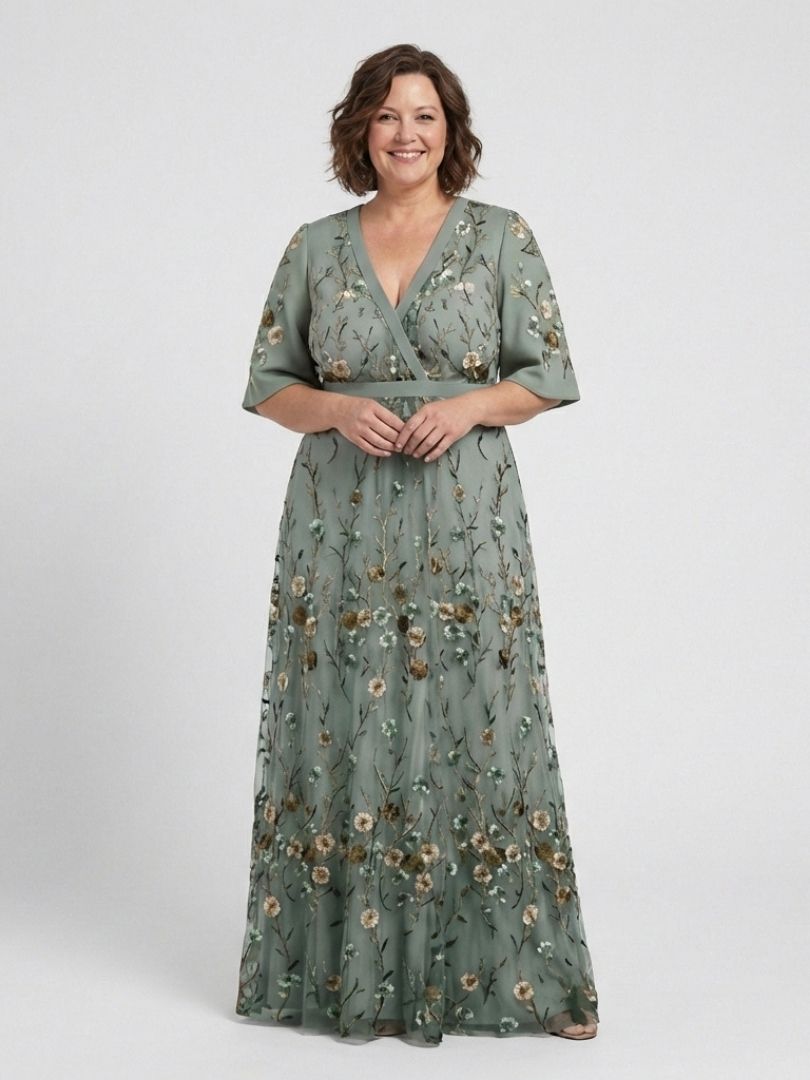 Naomi | Sheer Elbow-Sleeve Floral Maxi Dress