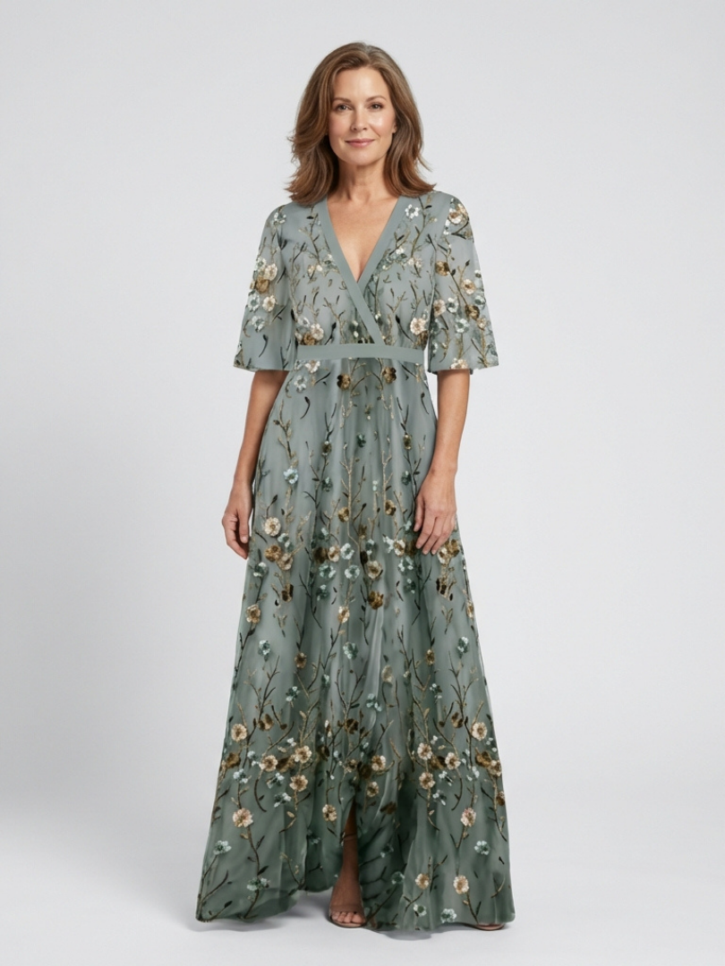 Floral V-Neck Sheer Elbow-Sleeve Maxi Dress