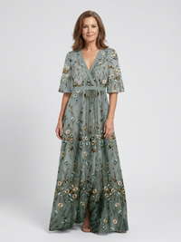 Evadne | Floral V-Neck Maxi Dress with Short Sleeves