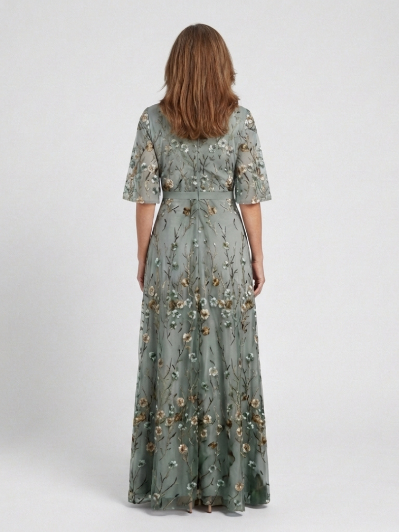Floral V-Neck Sheer Elbow-Sleeve Maxi Dress