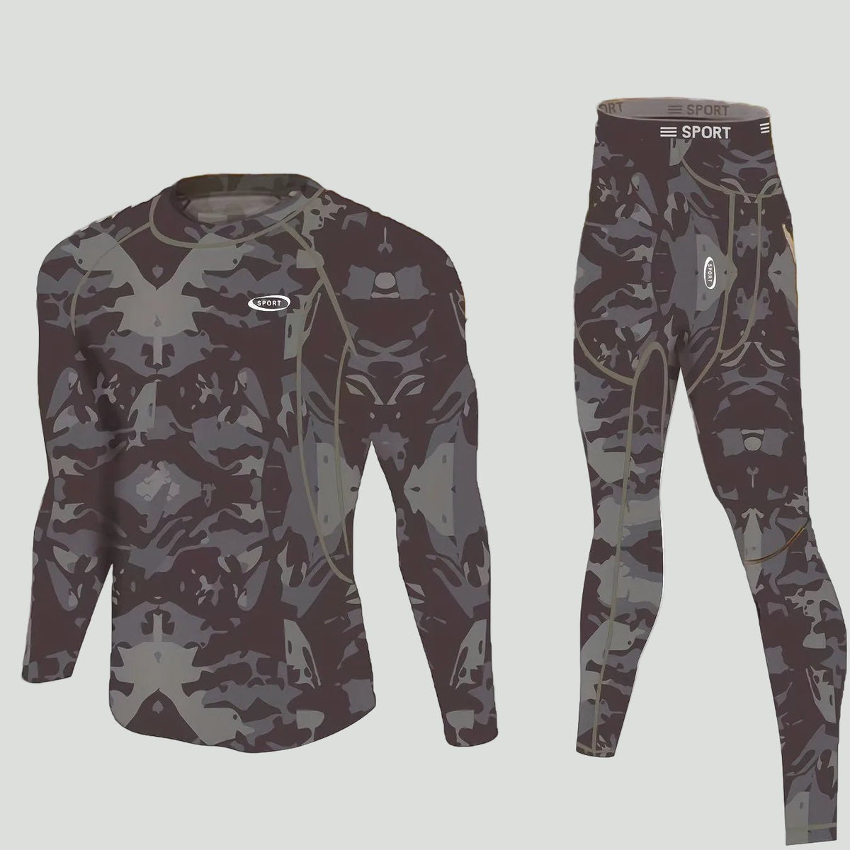 Men’s Thermal Base Layer Set – Fleece-Lined Stretch Camouflage Top and Leggings for Outdoor Training and Cold Weather