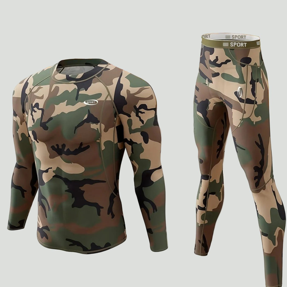 Men’s Thermal Base Layer Set – Fleece-Lined Stretch Camouflage Top and Leggings for Outdoor Training and Cold Weather