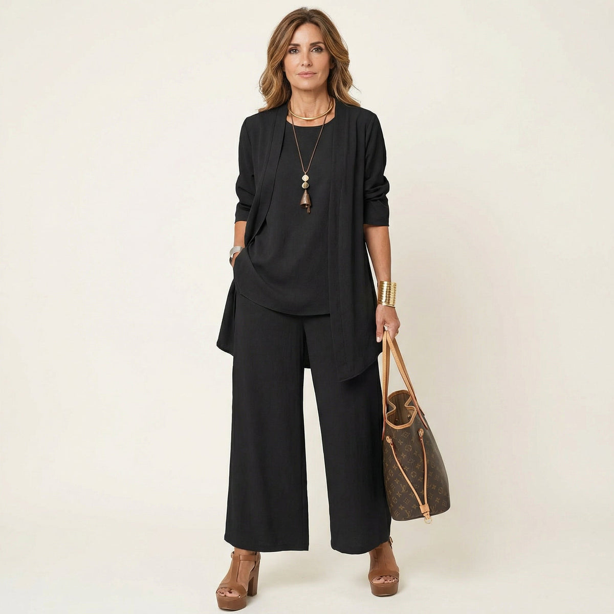 Marijne three-piece set with cardigan, top, and wide pants