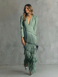 Alessia - Elegant midi dress with fringe sleeves