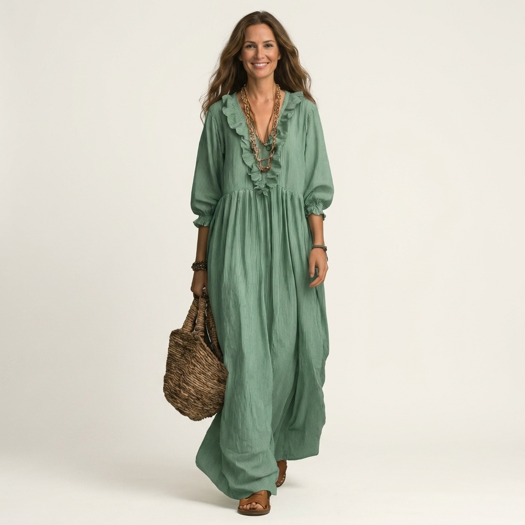 Willemien maxi dress with ruffle neckline and lantern sleeves