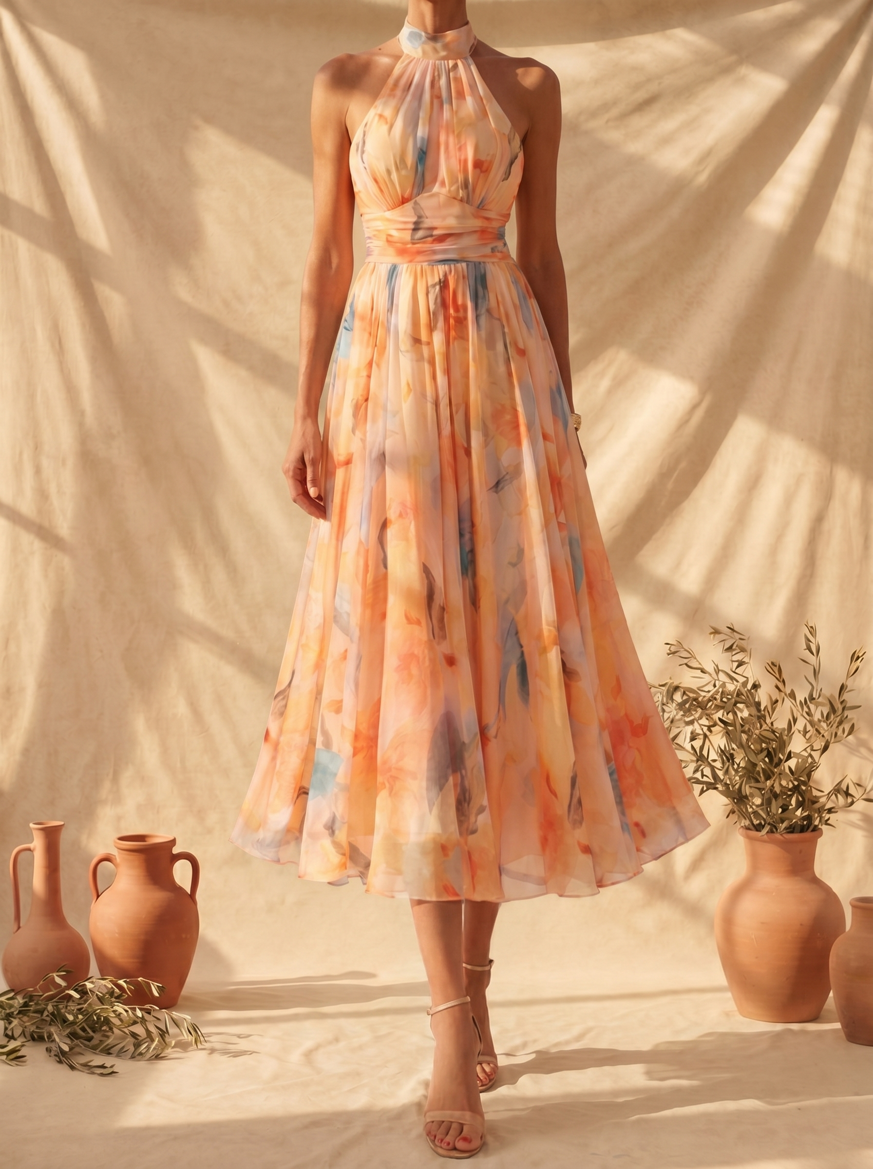 Aurora | Halter Neck Dress with Watercolor Print