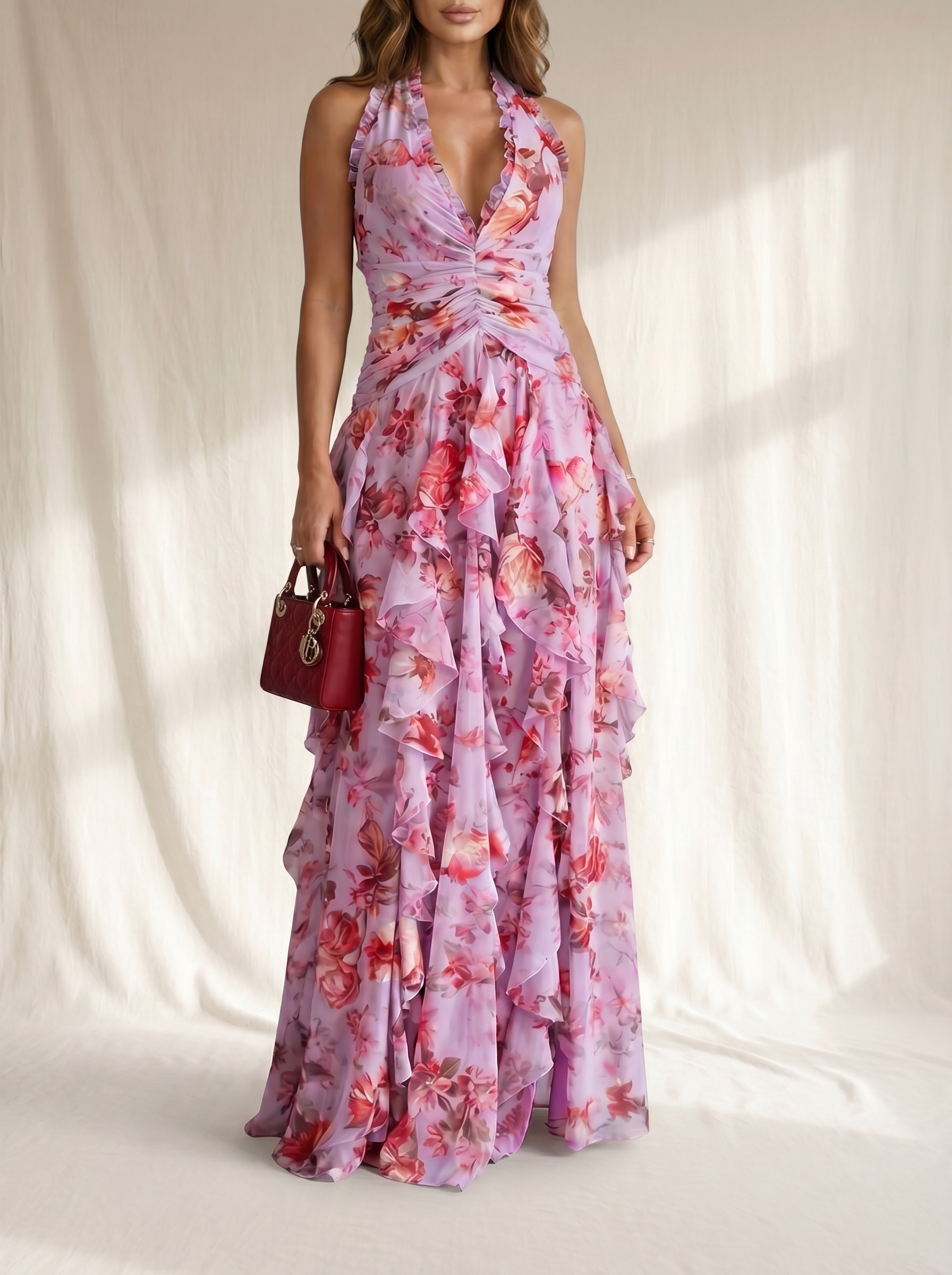 Belladina | Romantic Cascading Rose Long Dress with American Neckline