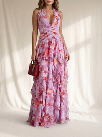 Belladina | Romantic Cascading Rose Long Dress with American Neckline