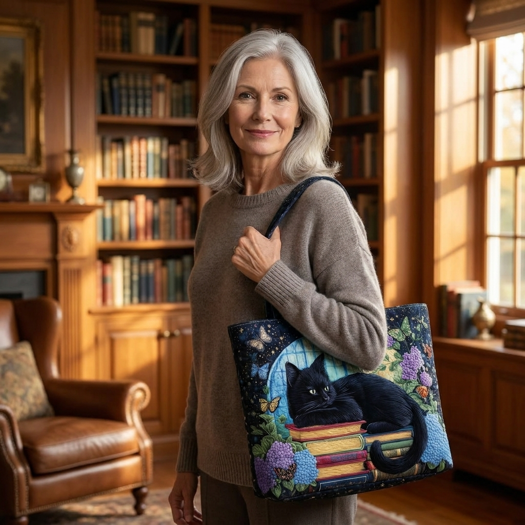 Artisanal Bag - Black Cat on Books