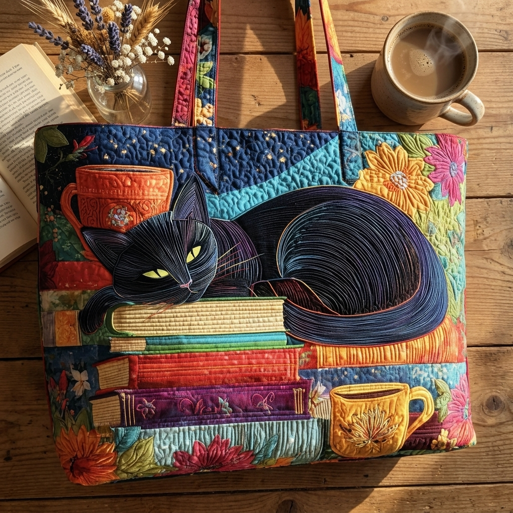 Artisan Bag - Black Cat with Books and Mugs
