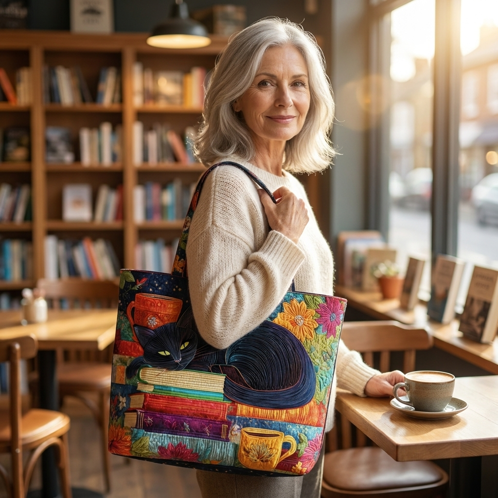 Artisan Bag - Black Cat with Books and Mugs