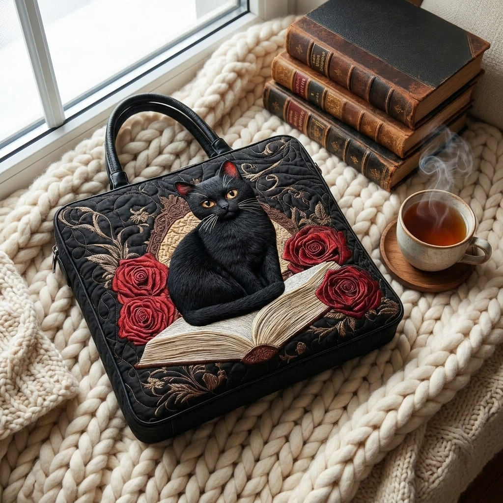 Quilted Artisan Bag - Black Cat on Books