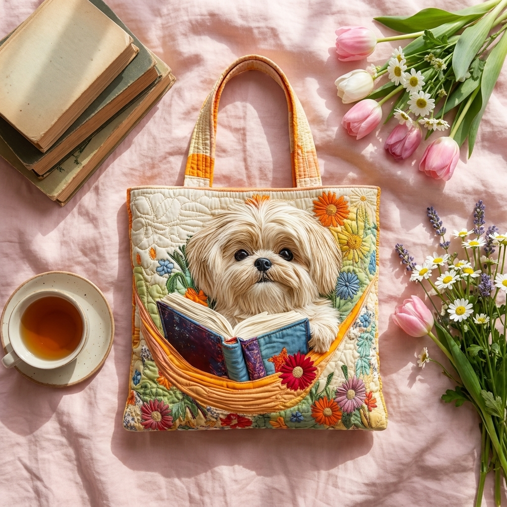 Artisanal Bag - Shih Tzu with Books and Flowers