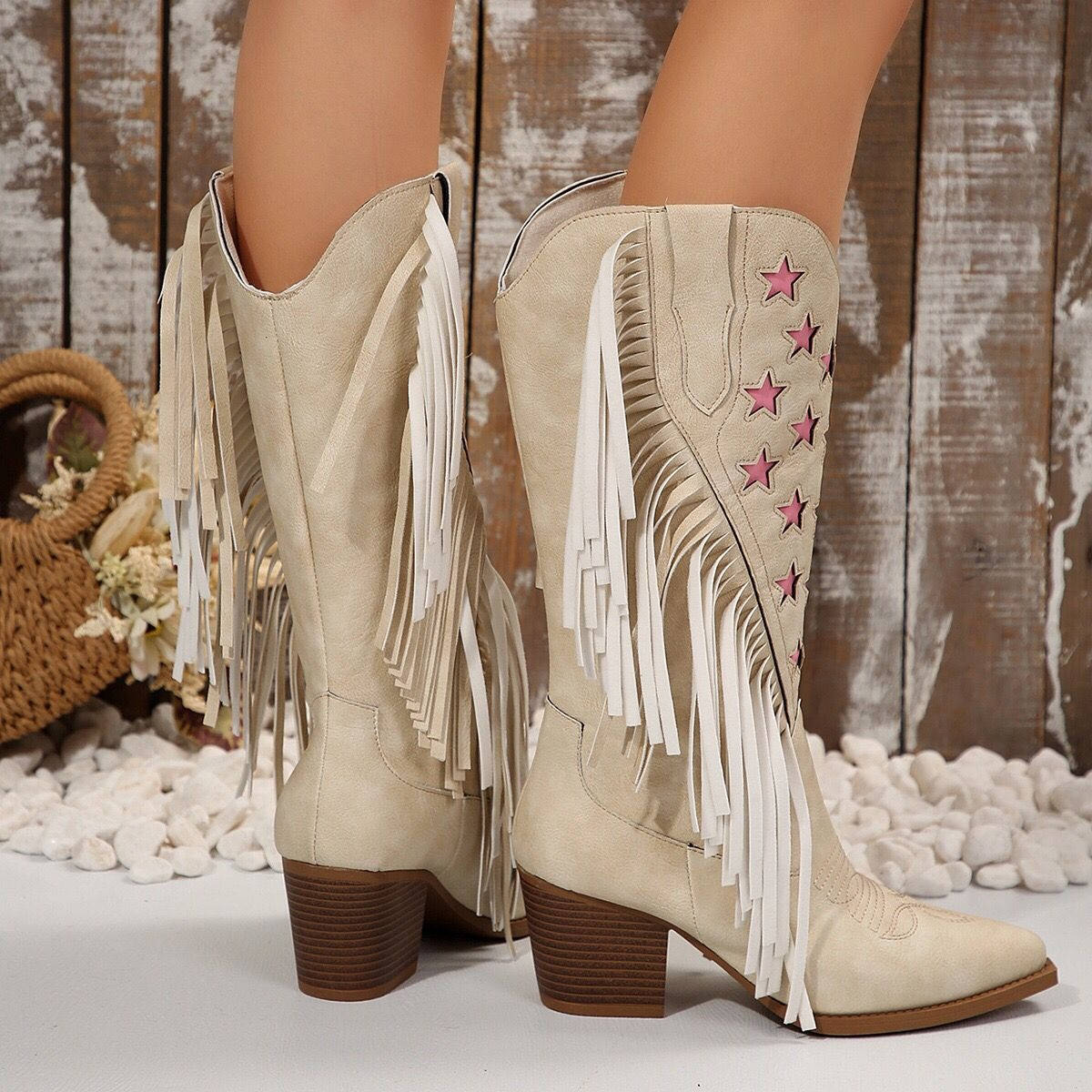 Western Boots for Women, Block Heel Fringe Star Knee High Boots for Casual and Everyday Wear
