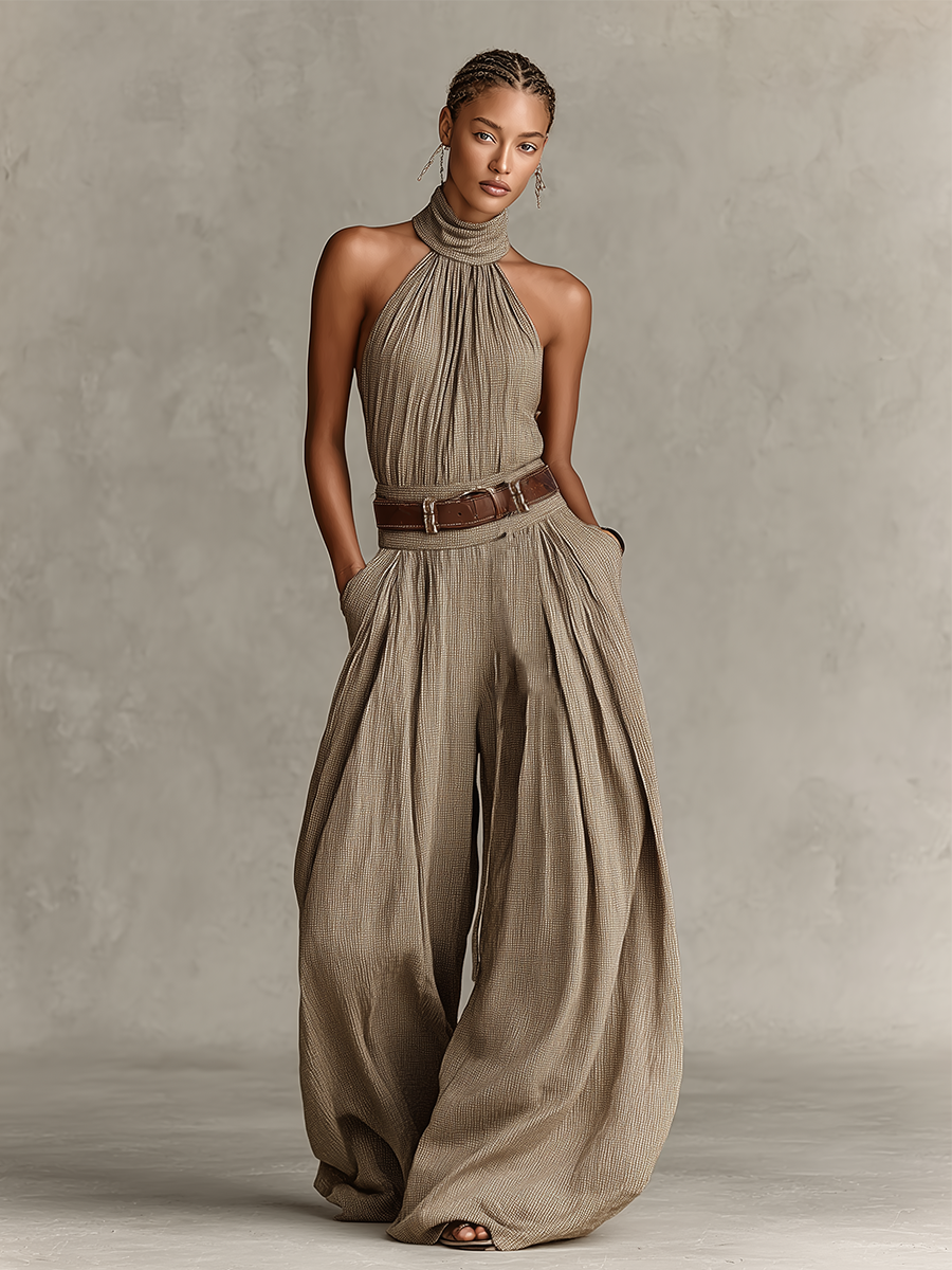 Jasmine | Cotton-Blend Halter-Neck Wide-Leg Jumpsuit