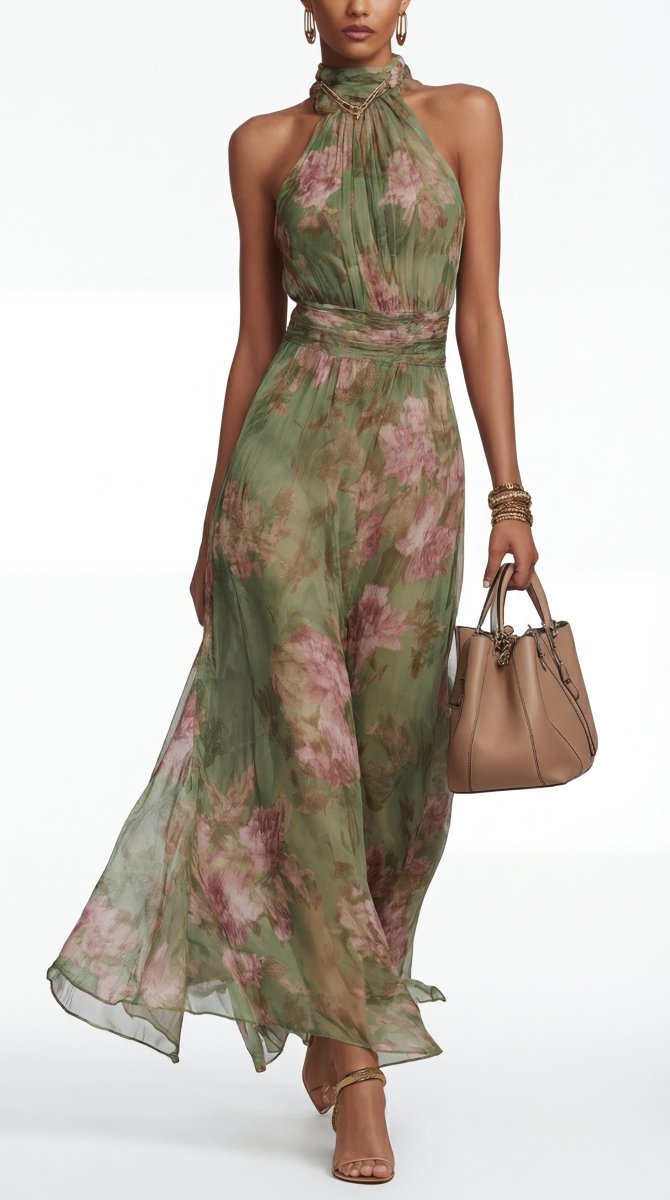Livia: Elegant floral maxi dress with halter neck