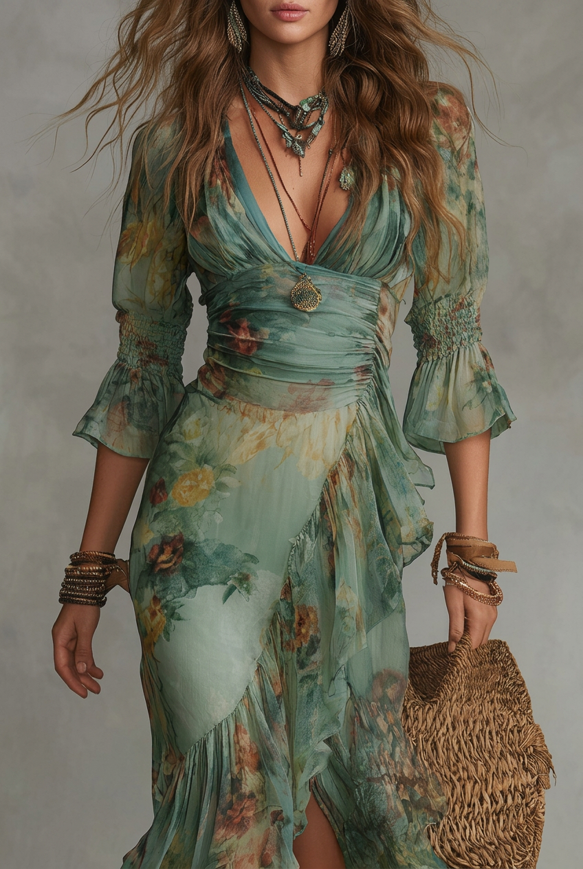 Maxi Chiffon Dress in Grass Green with Irregular Ruffles and Slit