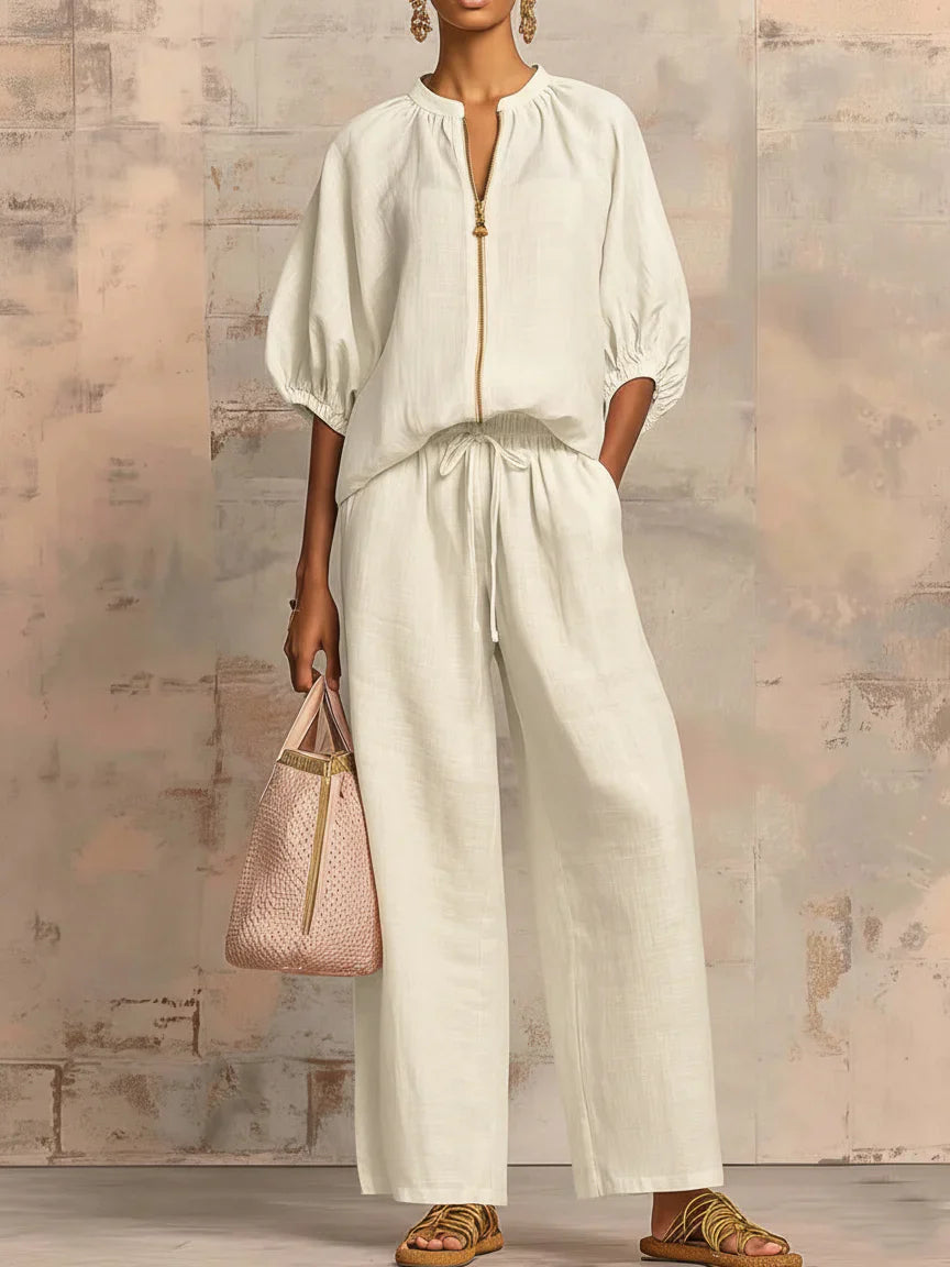 Marisol | Two-Piece Set: Linen-Textured Relaxed Shirt & Wide-Leg Trousers