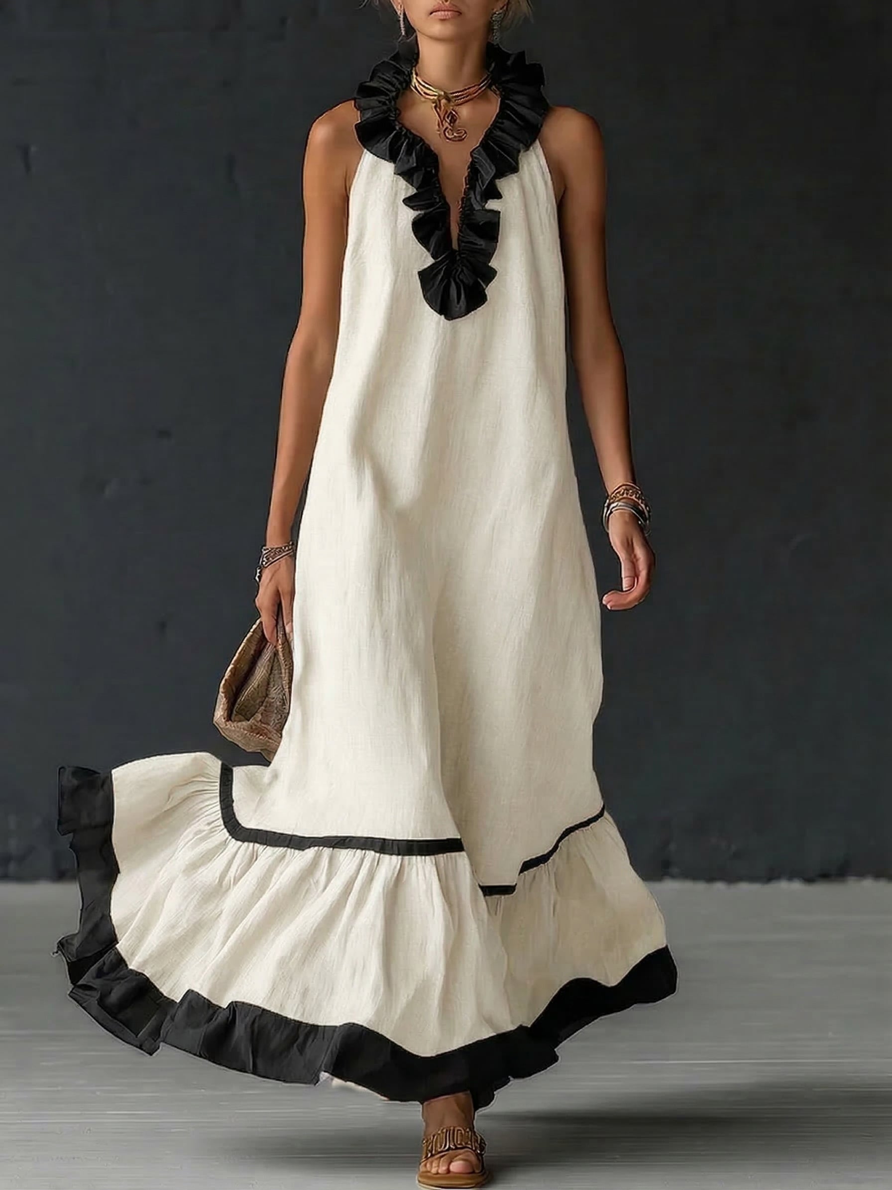 Elegant and Romantic Maxi Dress with Ruffles and Color Blocks