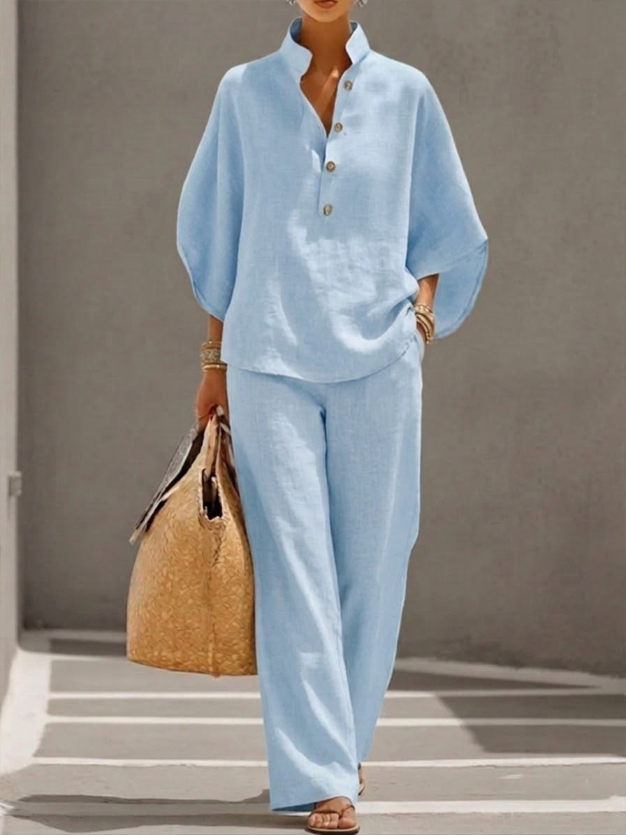Imani | Linen-Cotton Two-Piece Set with Batwing Top & Wide-Leg Pants