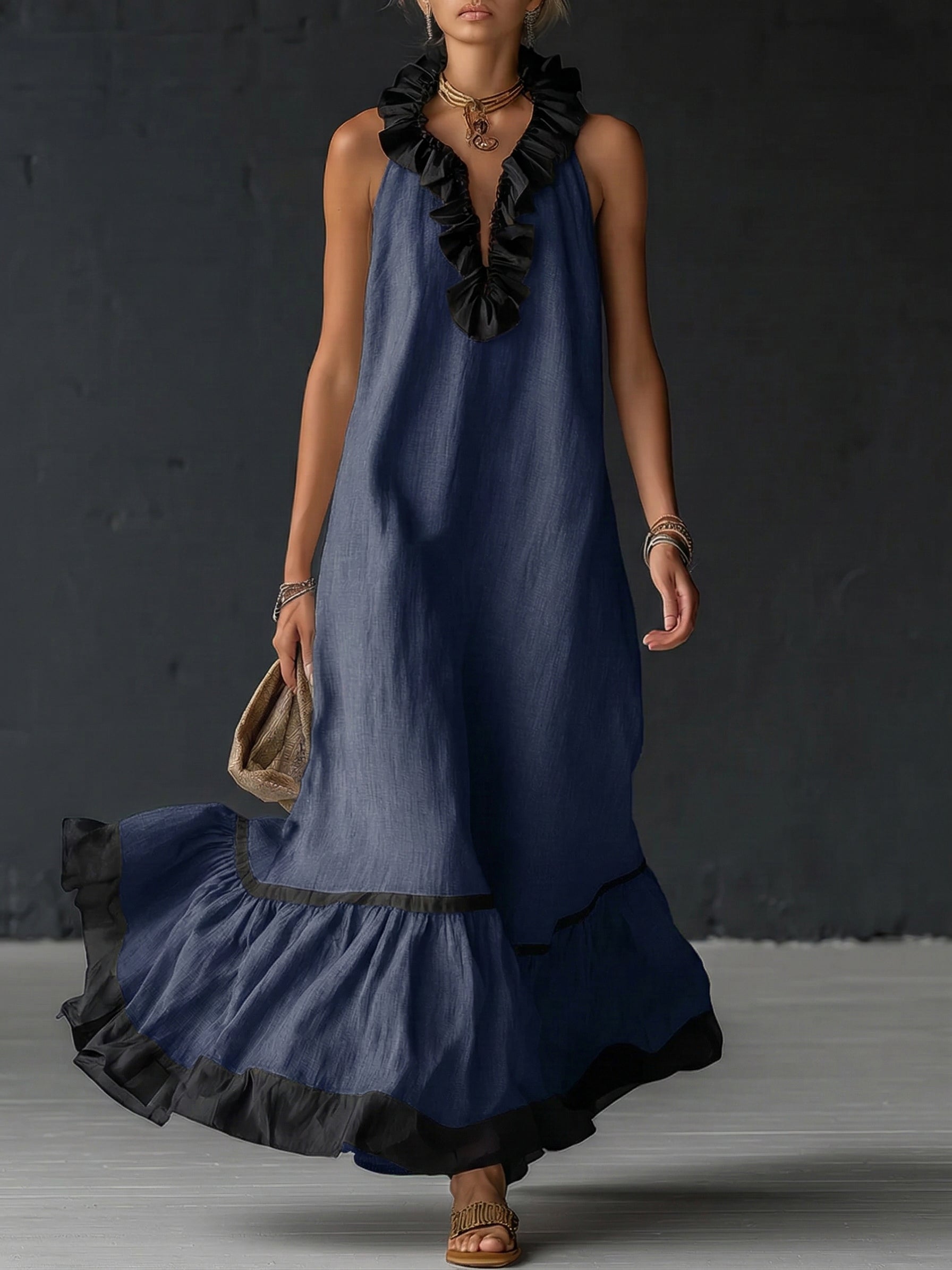 Elegant and Romantic Maxi Dress with Ruffles and Color Blocks