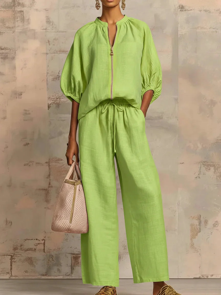 Marisol | Two-Piece Set: Linen-Textured Relaxed Shirt & Wide-Leg Trousers