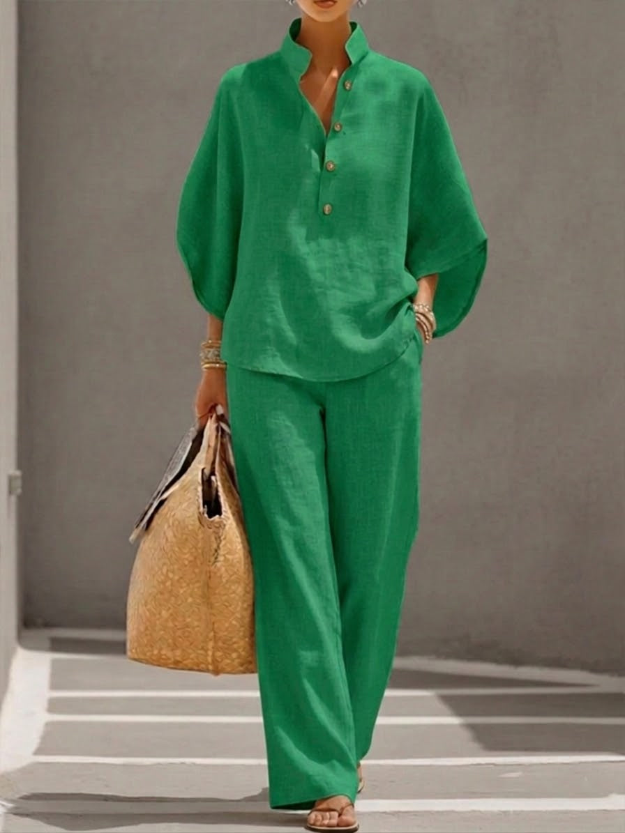 Imani | Linen-Cotton Two-Piece Set with Batwing Top & Wide-Leg Pants