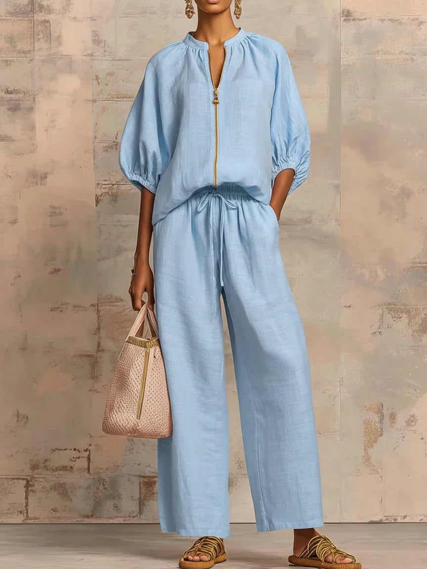 Marisol | Two-Piece Set: Linen-Textured Relaxed Shirt & Wide-Leg Trousers