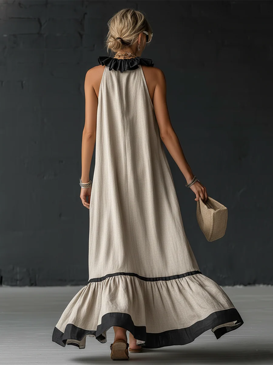 Elegant and Romantic Maxi Dress with Ruffles and Color Blocks