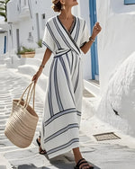 Vertical Stripe Tie-Waist Maxi Dress