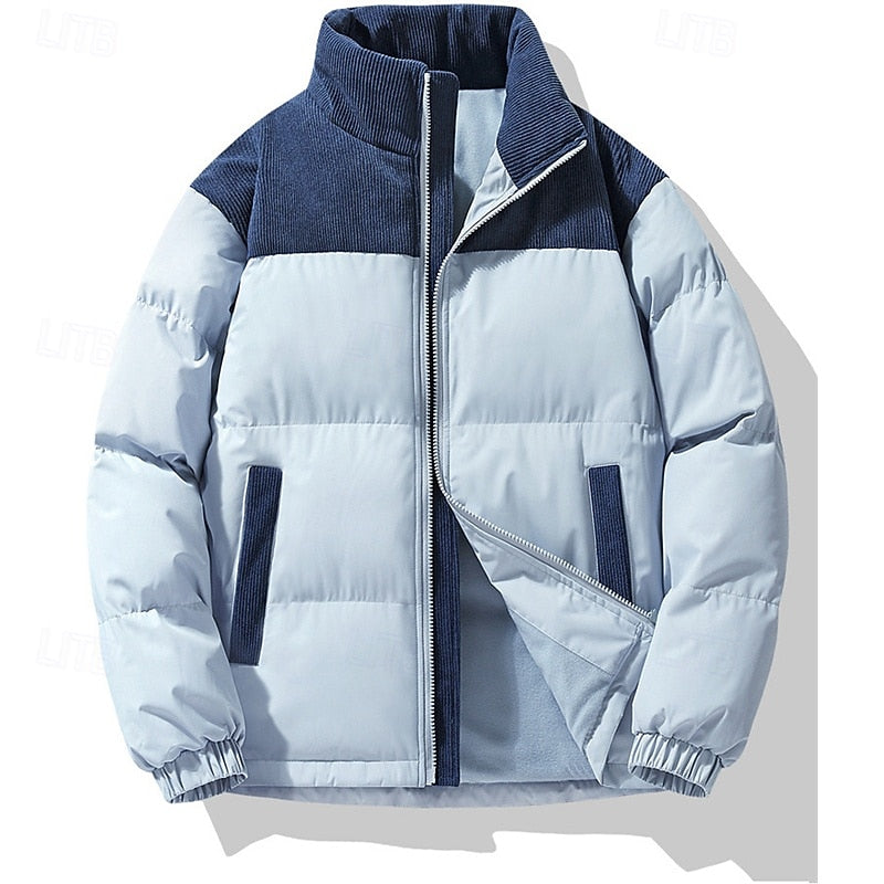 Padded Puffer Jacket with Stand Collar and Full Front Zipper, Two Pockets