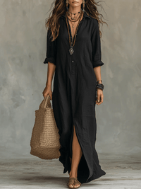 Soline™ | Black fitted maxi dress with buttons
