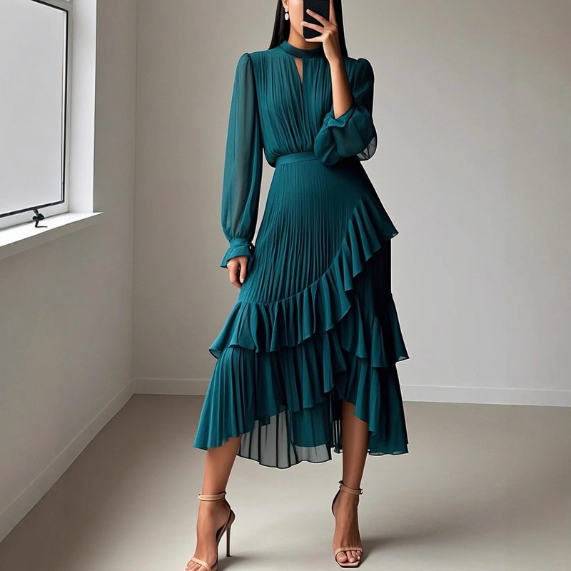 Elegant pleated midi dress with ruffles