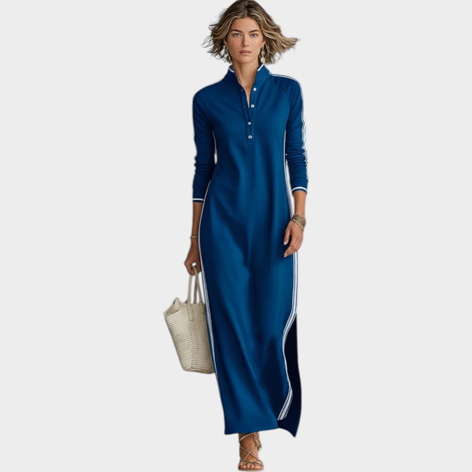 Harper | Long-Sleeve Maxi Dress with Stand Collar and Button Placket