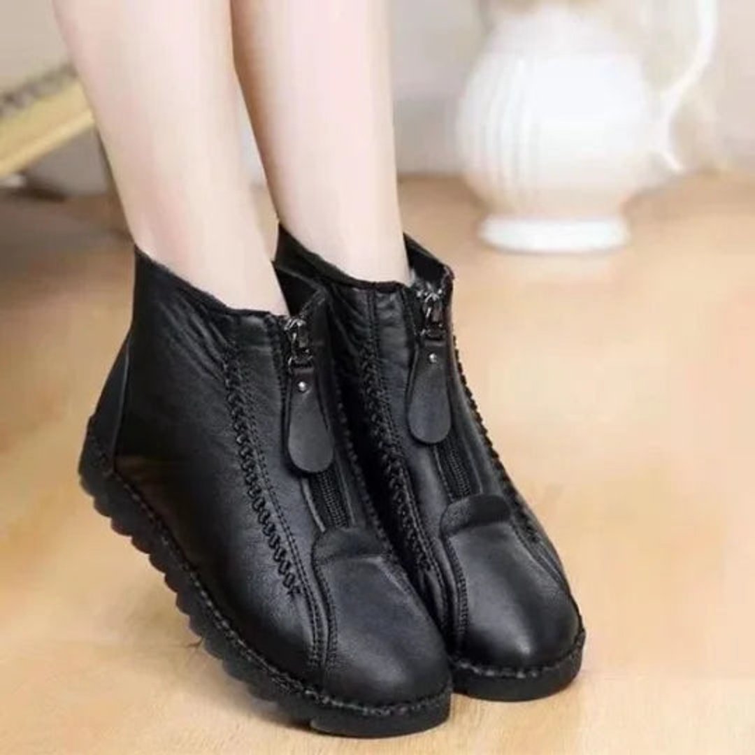 Women’s Fleece-Lined Leather Ankle Boots – Front-Zip Warm Walking Style for Casual Autumn Winter and Everyday Outdoor Wear