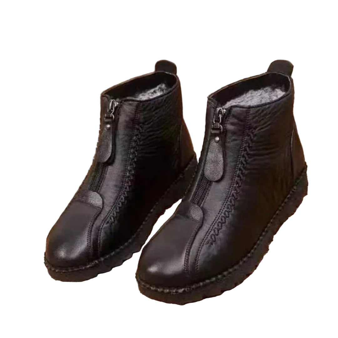 Women’s Fleece-Lined Leather Ankle Boots – Front-Zip Warm Walking Style for Casual Autumn Winter and Everyday Outdoor Wear